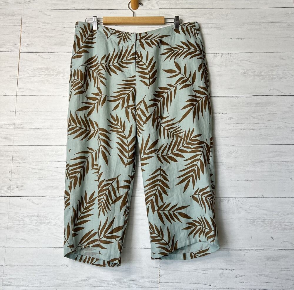 Ralsey Pants Womens Size 14P Teal & Brown Foliage 100% Linen Wide Leg Cropped